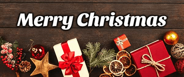 Merry Christmas written above Christmas decorations and gifts