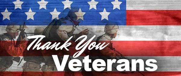 Soldiers with American flag background with Thank You Veterans 