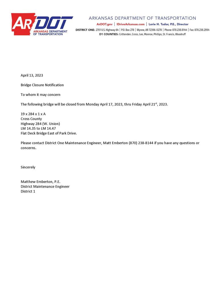 ARDOT Bridge Closure Notification