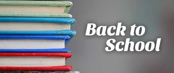 Colorful books on a gray background with the wording 